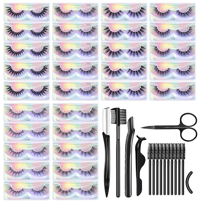 MAGEFY Lashes 30 Pairs 6 Styles Faux Mink Eyelashes, Fake Eyelashes Natural Look to Dramatic Volume False Lashes, 3D Lashes Pack with Eyebrow Grooming Kit