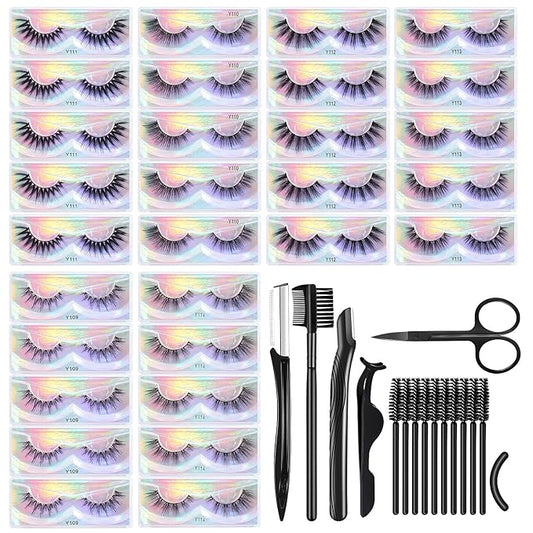 MAGEFY Lashes 30 Pairs 6 Styles Faux Mink Eyelashes, Fake Eyelashes Natural Look to Dramatic Volume False Lashes, 3D Lashes Pack with Eyebrow Grooming Kit