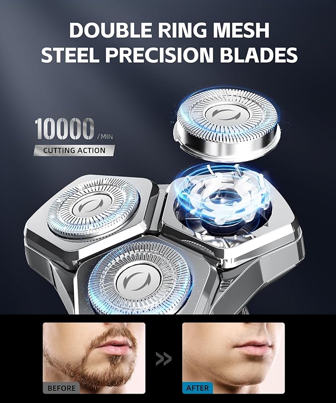 Electric Razor for Men, Rechargeable Wet & Dry Shavers for Men with Nose Hair Trimmer, Fast Charging, IPX8 Waterproof, Blades Spin 12000 Times Per Minute, LED Display, and Travel Lock,Sliver