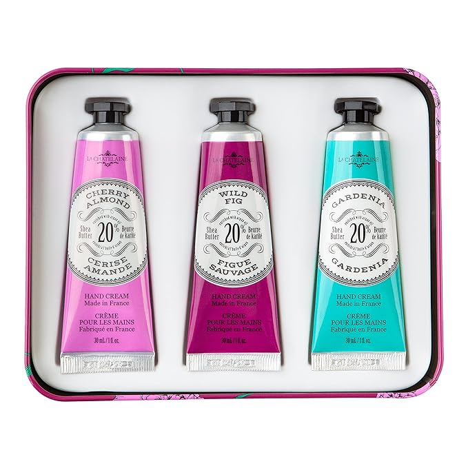 La Chatelaine Hand Cream Gift Set for Women, Hand Lotion for dry cracked hands, Travel Size, Natural Hand Cream Made in France with Organic Shea Butter (Cherry Almond, Wild Fig, & Gardenia) 3 x 1 fl