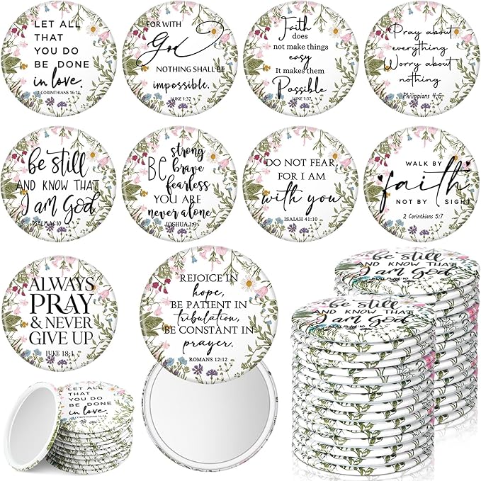 40 Pcs Mini Bible Verse Compact Mirrors Bulk Wildflower Christian Pocket Purse Mirrors Small Religious Scripture Gifts for Women Spring Church Group Sunday School