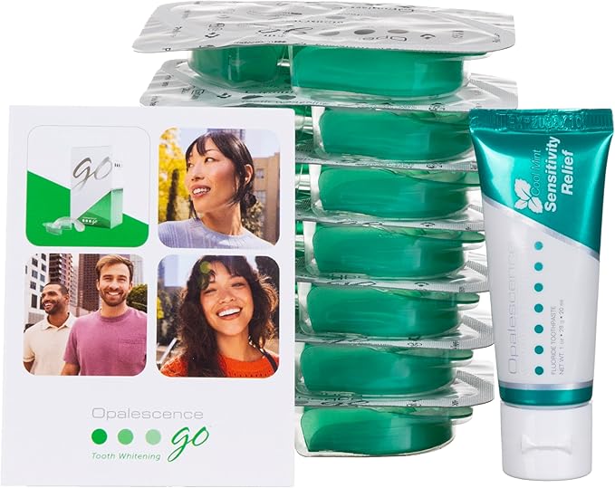 Opalescence GO 15 Whitening Bundle - (7 Treatments) Hydrogen Peroxide Prefilled Whitening Trays and Travel Sensitive Whitening Toothpaste 1 Oz - Mint Flavor- 6288-1T