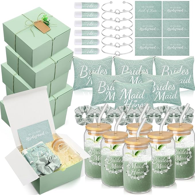 54 Pcs Bridesmaid Proposal Gifts Bridesmaid Box Set Include Bridal Shower Gift Box Makeup Bag Invited Card Glass Cup Lip Balm Scrunchie Hair Knotted Bracelet for Maid of Honor(Green)