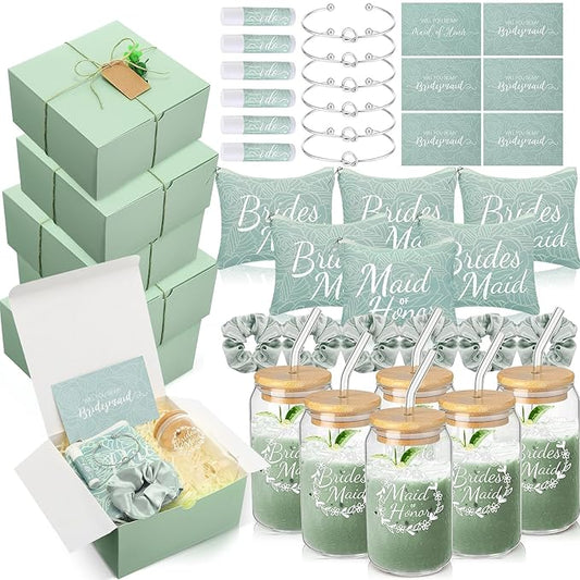 54 Pcs Bridesmaid Proposal Gifts Bridesmaid Box Set Include Bridal Shower Gift Box Makeup Bag Invited Card Glass Cup Lip Balm Scrunchie Hair Knotted Bracelet for Maid of Honor(Green)