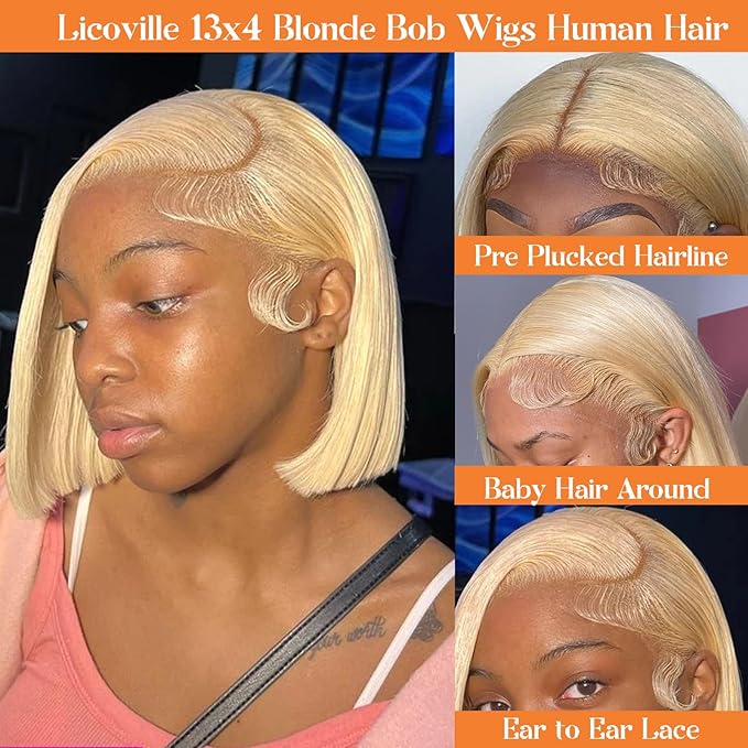 13x4 HD Transparent Lace Front Bob Wig, Human Hair, 180% Density, Straight Blonde, Pre-Plucked, 16 Inch Deep Part, Glueless