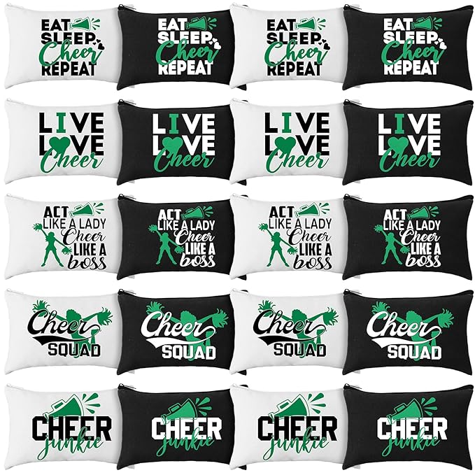 Pinkunn 20 Pcs Cheer Makeup Bags Bulk Cheerleader Gifts for Women Canvas Cheer Cosmetic Pouch Toiletry Zipper Makeup Case Cheerleading Portable Travel Pouch Team Accessories(Green)