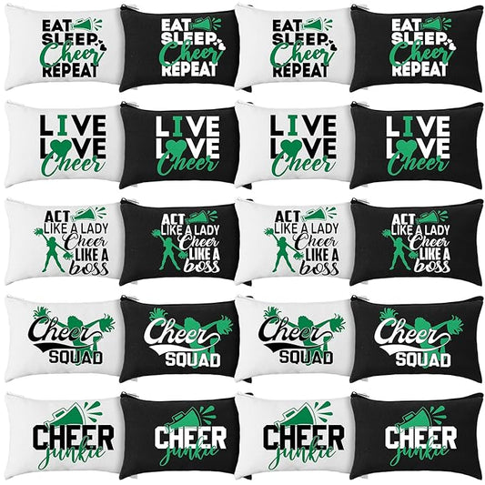 Pinkunn 20 Pcs Cheer Makeup Bags Bulk Cheerleader Gifts for Women Canvas Cheer Cosmetic Pouch Toiletry Zipper Makeup Case Cheerleading Portable Travel Pouch Team Accessories(Green)