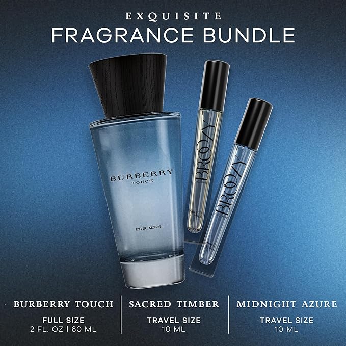 Broozy Collections - Men Cologne Set Bundle with 1 Full Size Burberry Touch Eau de Toilette (100 ml) and 2 Travel Size Mens Sample Cologne Bottles (10 ml) - Mens Cologne Gift Set, Men Gift Set Sampler
