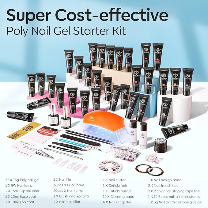 Modelones 133pcs Poly Nail Gel Kit, 32 Colors Spring Pink Pastel Poly Extension Gel kit with Nail Lamp Base Top Coat Slip Solution Builder Enhancement Manicure Tools for Starter Supplies