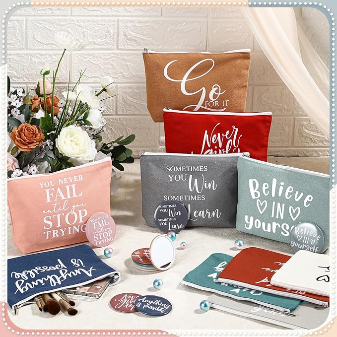 20 Pcs Employee Appreciation Gifts 10 Inspirational Canvas Makeup Bags 10 Compact Mirrors Bulk Cosmetic Bags Round Portable Pocket Mirror Thank You Gifts for Women (Incentive)