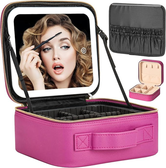 Makeup Travel Train Case with Mirror LED Light 3 Adjustable Brightness Cosmetic Bag Portable Storage Adjustable Partition Waterproof Makeup Brushes Makeup Jewelry Gift for Women