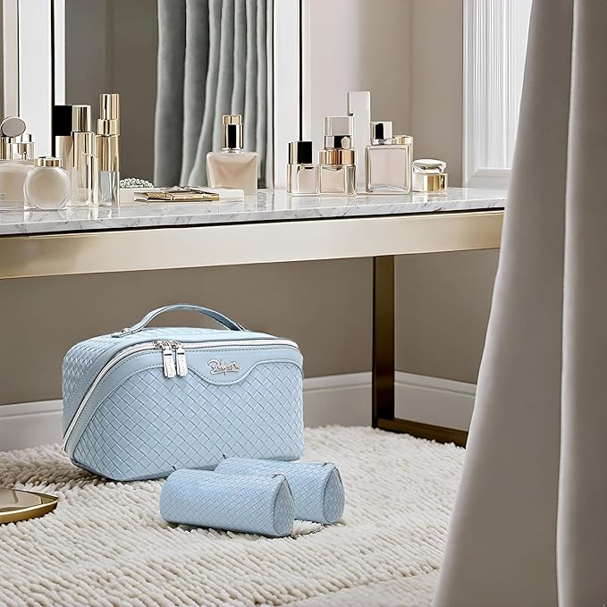 BOYATU Travel Makeup Bags for Women: Large Makeup Organizer - PU Leather Make up Bag Set of 3 - Portable Toiletry Bag with Compartments & Handle & Divider (L02 Light Blue)