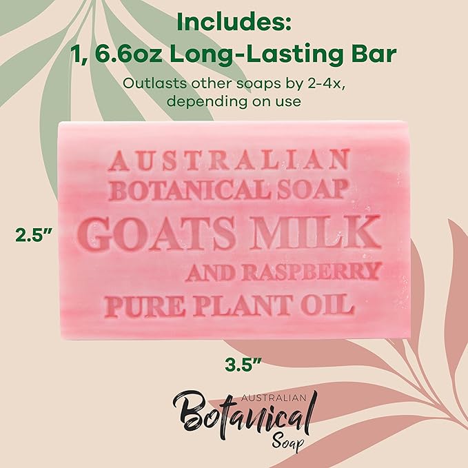 Australian Botanical Soap Goats Milk with Raspberry 6.6 oz Triple Milled Luxury Soap Bar Enriched with Shea Butter, Pack of 1