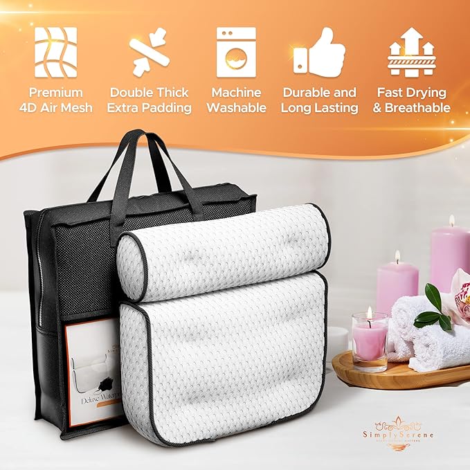 Luxury Bath Pillow for Tub, 6 Strong Suction Cups, 4D Breathable Mesh Headrest Cushion, Bathtub Pillow for Head and Neck Support, Relaxing Spa Accessories, Ideal for Tubs, whirlpool tubs and Spa Gifts