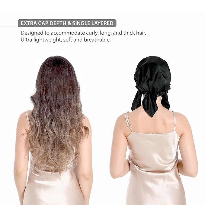 100% Silk Bonnet for Sleeping With Tie Band, Large Sleep Cap for Curly Hair, Wrap for Hair Care - Rich Black