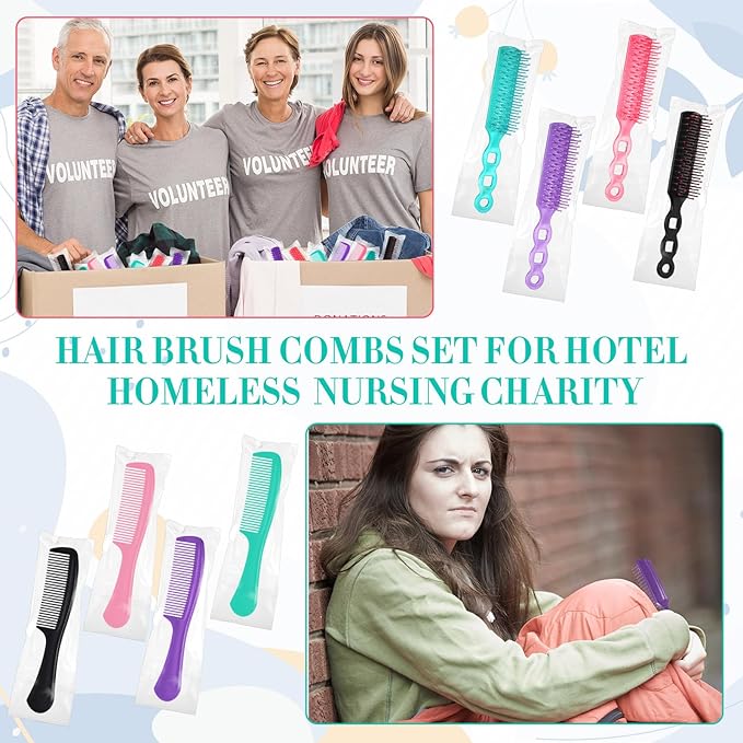 Baderke 144 Pack Individually Wrapped Hair Brushes Combs Set for Homeless, Detangling Brush Widen Combs for Curly Hair Suitable for Women Men Shelter Nursing Hotel Church Charity Supplies(4 Colors)