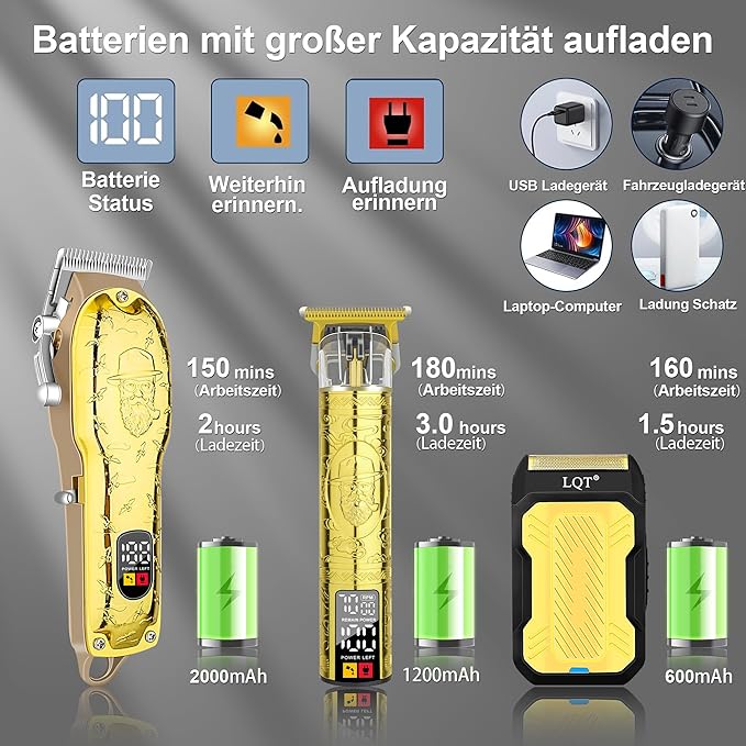 Professional Hair Clipper Set for Men Electric Shaver Razor Cordless Hair Cutting Barber Clippers Beard Trimmer Men’s Grooming Kit Gifts for him (Gold)