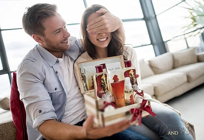 French Vanilla Bath Set Essential Bath and Body Basket: 2 Vanilla Bath Bombs, Body Lotion, Body Spray, Bath Salts, etc in a Wooden Jewelry Box Mother’s Day Gift for Mom