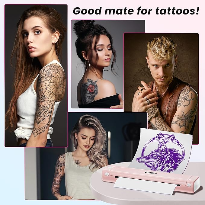 2025 New Version Tattoo Stencil Printer with 10pcs Transfer Paper, Wireless Thermal Tattoo Transfer Printer, Bluetooth Portable Tattoo Machine Compatible with Smartphone & Pad, Pink