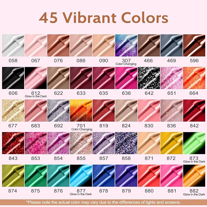 Lavender Violets Gel Nail Polish Kit with U V Light, 45 Colors Gel Polish Nail Set with Base and Matte & Glossy Top Coat Soak Off All Season Essential Manicure Tools Gifts for Women Easter LA00