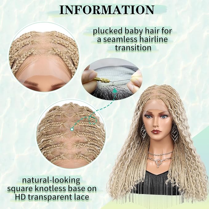 18 Inch HD Full Lace Braided Wigs for Women with Baby Hair Knotless Braid Wig Medium Human Hair blended Boho Box Braided Wigs With Cruls Ends Platinum Blonde