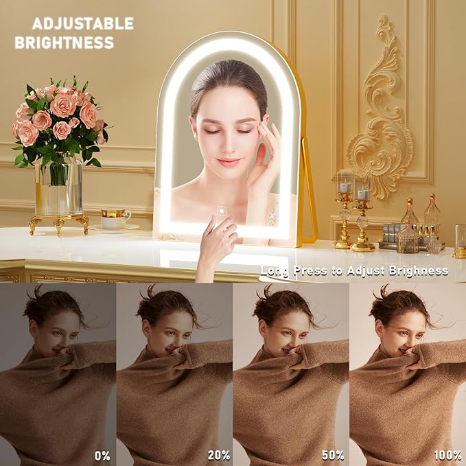 Elegant LED Vanity Mirror with 3-Color Adjustable Lights, Arched Makeup Mirror 360° Rotating Stand & Touch Control - Perfect Makeup Gift for Women Gold