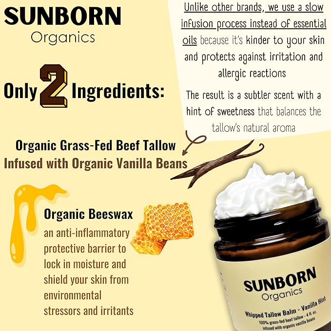 Pure Whipped Tallow Balm | 100% Organic Grass-Fed Beef Tallow Face Moisturizer & Lip Balm (4oz, Vanilla Hint)