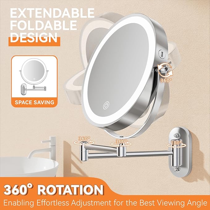1X/20X Wall Mounted Makeup Mirror with Light, 8" Double-Sided Magnifying Mirror, 3 Color Lights Touch Dimmable Vanity Mirror with 360° Extension Rotation Foldable 14.5 Inch Arm for Bathroom, Chrome