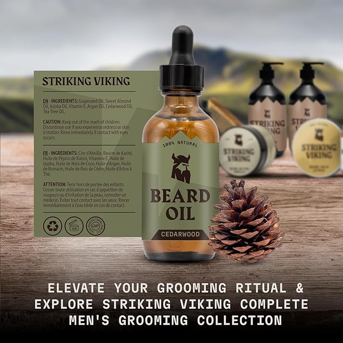 Striking Viking Beard Oil for Men - 2 Fl Oz, Cedarwood Scent - Naturally Derived Conditioner with Almond, Tea Tree, Argan & Jojoba Oil for Beard Growth, Softening & Moisturizing