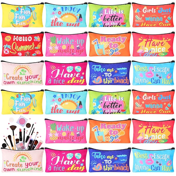 24 Pieces Makeup Bags Bulk Canvas Cosmetic Bags Purse Organizer Zipper Cosmetic Pouch Portable Travel Toiletry Pouch for Women Men Gifts, 7 x 4 Inch (Beach)