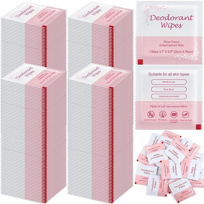 200 PCS Deodorant Wipes Individually Wrapped, Wet Wipes Bulk for Women Men, Travel Size Antiperspirant Wipe Hand Wipes, Remove Sweat Wipe for Travel, Daily Use, Rose Scented