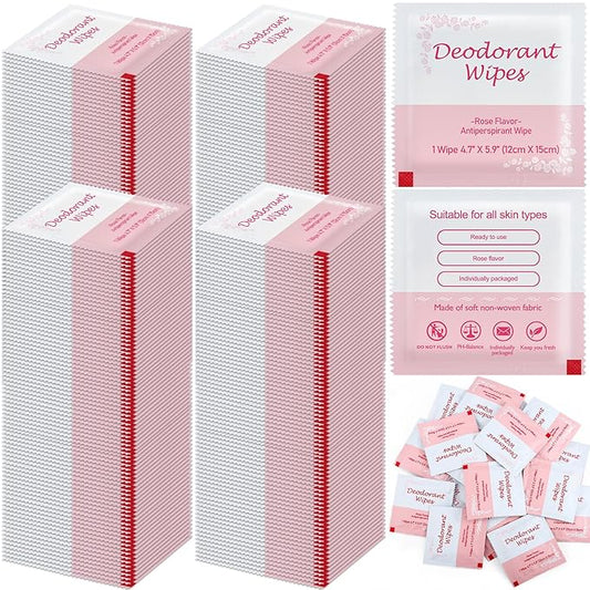 200 PCS Deodorant Wipes Individually Wrapped, Wet Wipes Bulk for Women Men, Travel Size Antiperspirant Wipe Hand Wipes, Remove Sweat Wipe for Travel, Daily Use, Rose Scented