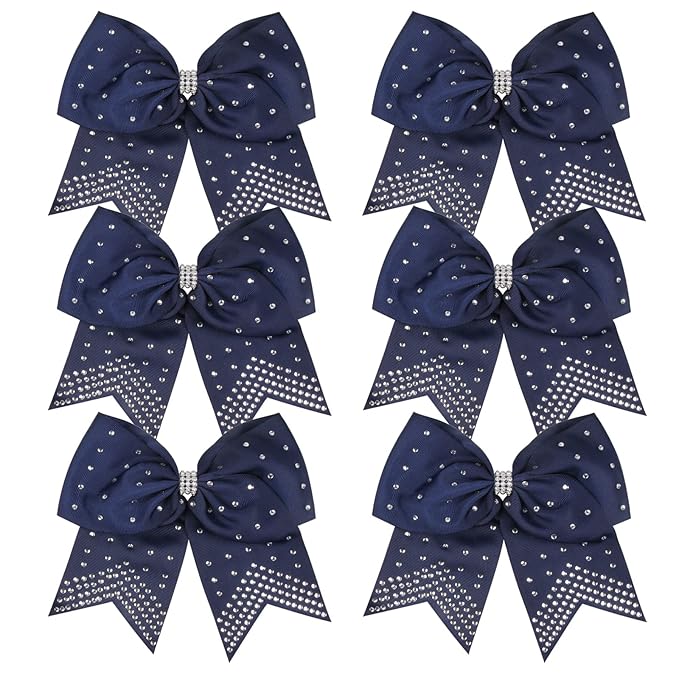 8 Inch Cheerleader Bows Ponytail Holder with Bling Fling Rhinestones Hair Tie Cheerleading Bows 6 Pcs (Navy Blue)