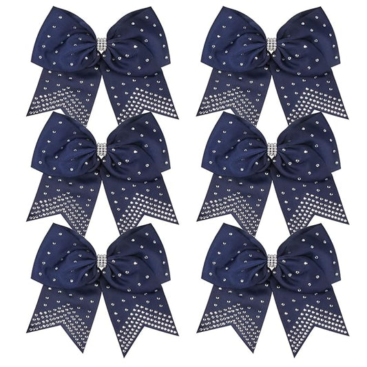 8 Inch Cheerleader Bows Ponytail Holder with Bling Fling Rhinestones Hair Tie Cheerleading Bows 6 Pcs (Navy Blue)
