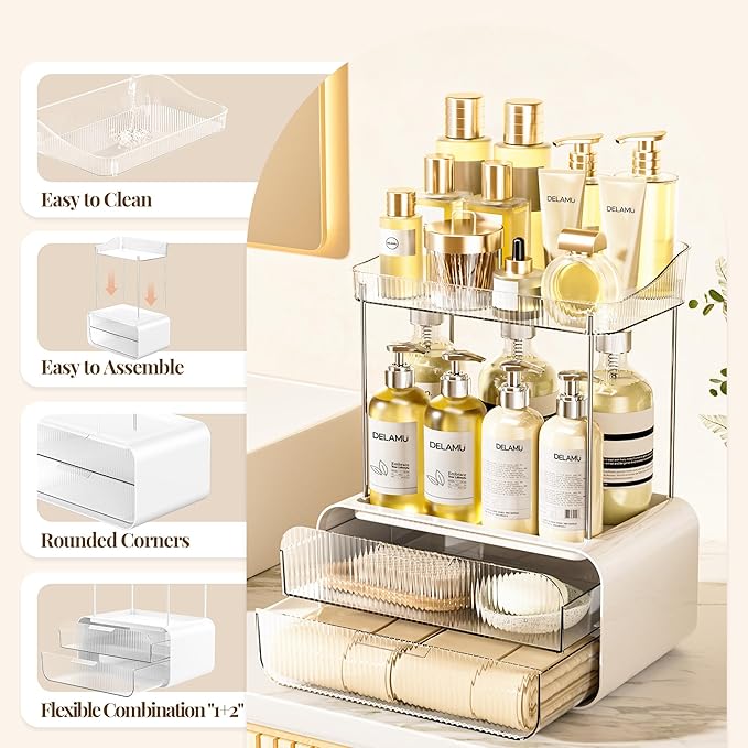 Delamu Bathroom Counter Organizer 2-Drawers 2-Tier Acrylic Makeup Organizer for Vanity Countertop, Skincare Perfume Storage, Easy Assembly, Ideal Gift for Women Clear