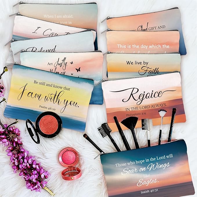 20PCS Christian Inspirational Cosmetic Bags for Women Religious Makeup Bags Bulk Christian Gifts for Women Bible Verse Canvas Zipper Pouch for Mother's Day Sister Employee Gifts(Scenery)