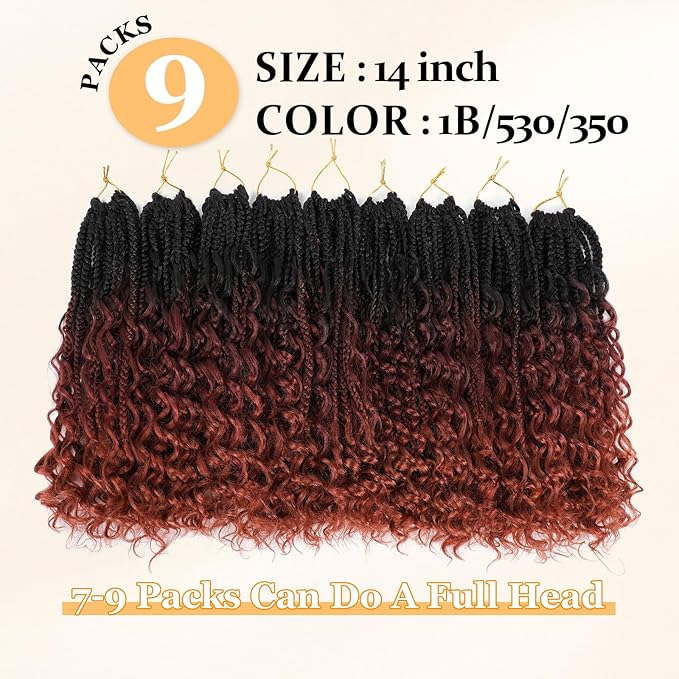 14 Inch Goddess Box Braids Crochet Hair Curly Ends 9 Packs Pre Looped Boho Crochet Box Braids Bohemian Box Braid Crochet Hair For Black Women (14Inch 9 Packs,1B/530/350)