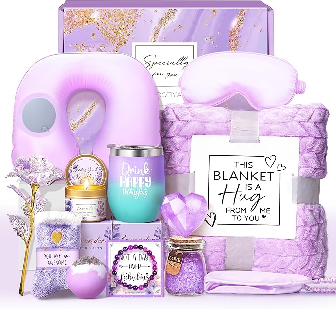 LUCOTIYA Birthday Gifts for Women, Self Care Gifts for Women Get Well Soon Gifts Basket, Lavender Relaxing Spa Gift Basket, Unique for Mom, Friends, Sister, Grandma