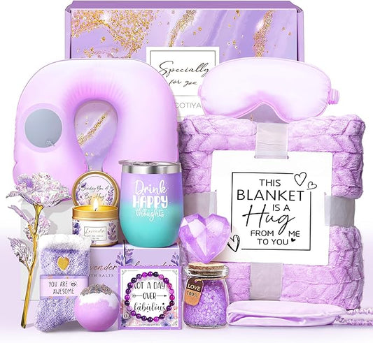 LUCOTIYA Birthday Gifts for Women, Self Care Gifts for Women Get Well Soon Gifts Basket, Lavender Relaxing Spa Gift Basket, Unique for Mom, Friends, Sister, Grandma