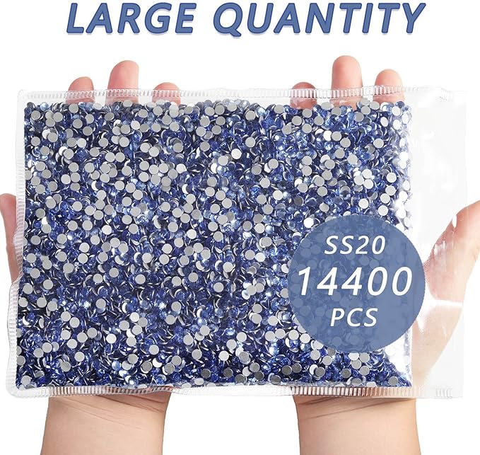 Beadsland Flatback Rhinestones Bulk,14400pcs Light Blue Rhinestones for Nails Crafts Clothes DIY Decoration, Light Sapphire, SS20, 4.6-4.8mm
