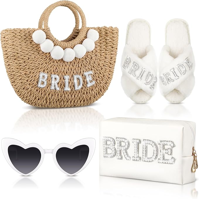 4 Pcs Bridal Shower Gift Set Include Handwoven Wedding Straw Purse Makeup Cosmetic Tote Bag Beach Bride Sunglasses Cross Band Women Slippers for Bridal Shower Bachelorette Party(Bride)