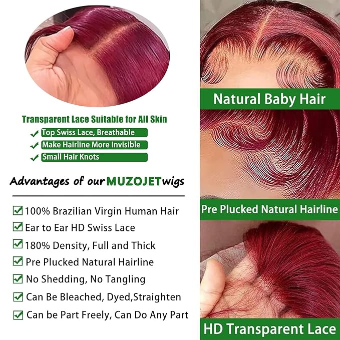 99j Burgundy Lace Front Wigs Human Hair 13x6 Body Wave Lace Front Wigs Human Hair Pre Plucked Glueless Red Wig Wine Red Wigs for Women Reddish Brown 180 Density 20 Inch