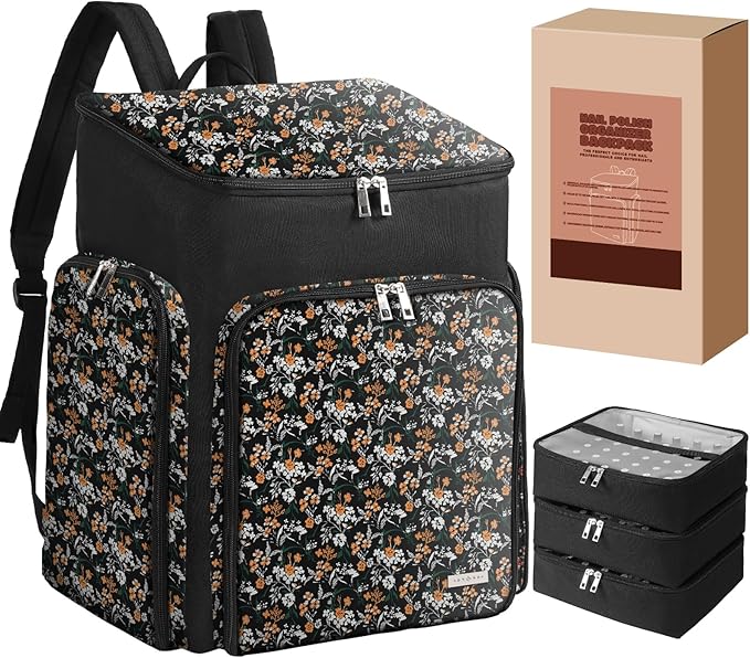 DERSTUEWE Floral Pattern Nail Polish Storage Backpack, Large Capacity Organizer Case with Multiple Compartments, Black