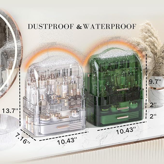 LINFIDITE Cosmetics Storage Box Transparent Lid Large Makeup Organizer Box Drawers Portable Handle Waterproof Dustproof Skincare Display Cases for Countertop, Bathroom, Dresser,Gift Clear Green