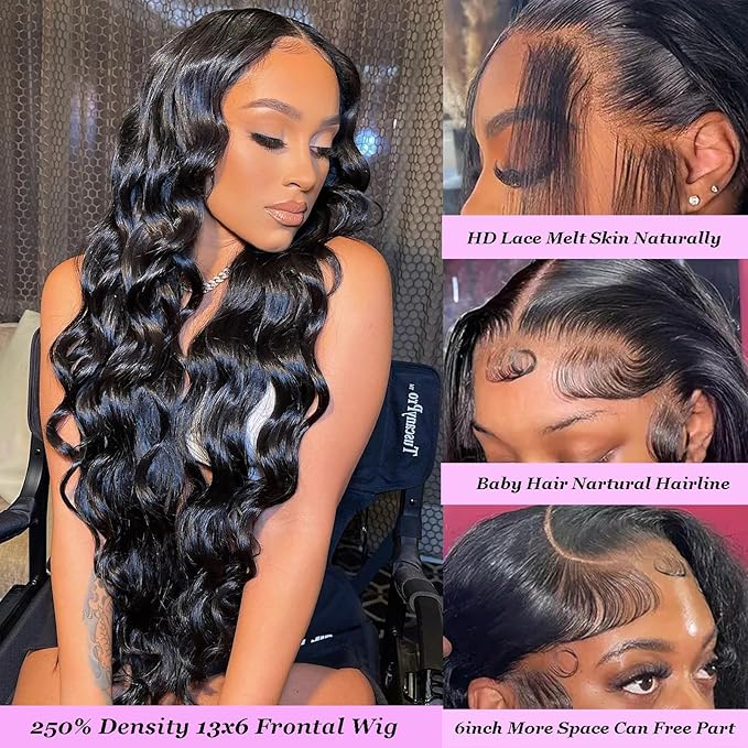 250 Density HD Lace Front Wigs Human Hair 13x6 Body Wave Pre Plucked Wig 28 inch Black