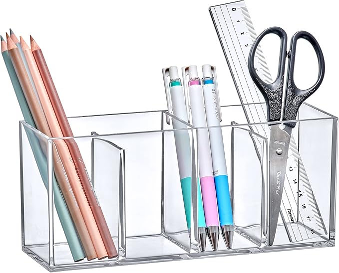 Amazing Abby - Glamour - Acrylic 4-Compartment Makeup Organizer, Transparent Plastic Makeup Brush Holder, Perfect Bathroom Vanity Storage Solution for Makeup Brushes, Eyebrow Pencils, and More
