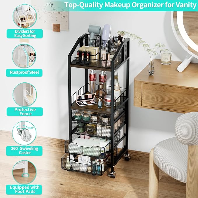 HapiRm Makeup Organizer Storage Cart - Floor Skincare Make Up Storage with 4 Drawers, Rolling Makeup Cart Vanity Organizer Cosmetics Display Cases Holder for Skin Care Perfume Nail Polish