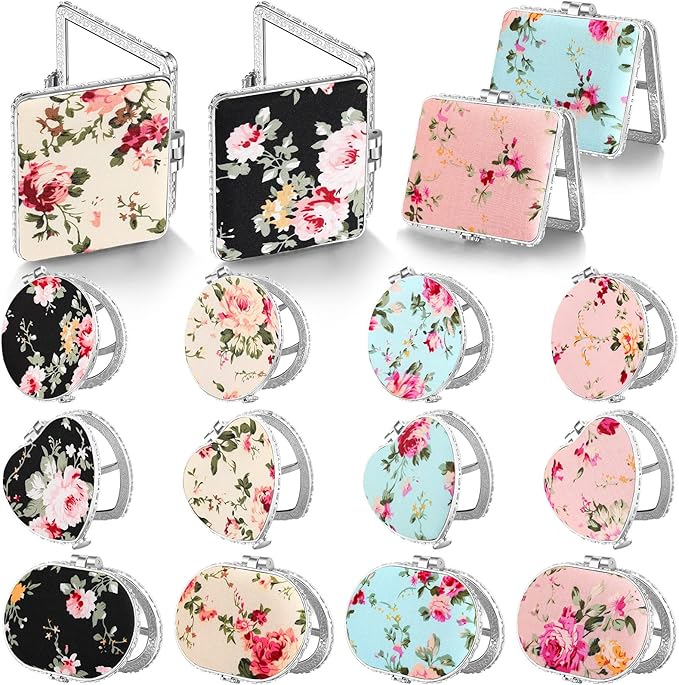 Blulu 16 Pcs Compact Mirror for Purse Small Flower Pocket Mirror Vintage Portable Floral Folding Tea Party Favors Birthday Gifts for Women Wedding Makeup Travel(Silver Edge)