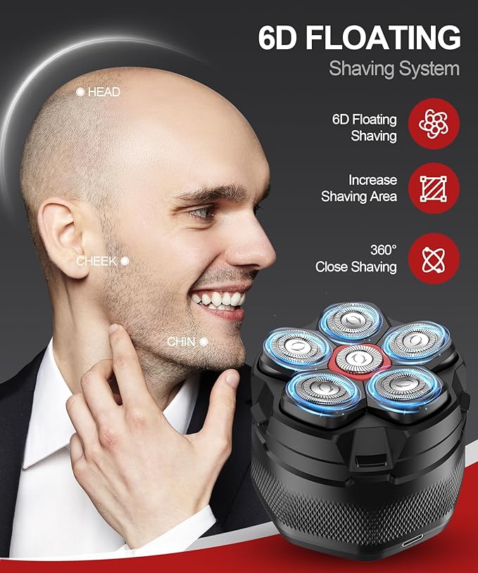 Head Shavers for Bald Men，10000 RPM High Speed 6D Magnetic Electric Razor for Fast Shaving, IPX8 Waterproof, Hypoallergenic Wet/Dry Shaving Razor with LED Display and Organizer