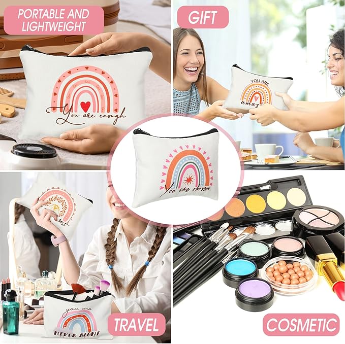 Pinkunn 16 Pcs Canvas Cosmetic Bag Bulk Inspirational Quotes Makeup Bags with Zipper Encouragement Travel Toiletry Pouch Appreciation Gift for Christmas Teacher Birthday Graduation (Rainbow)